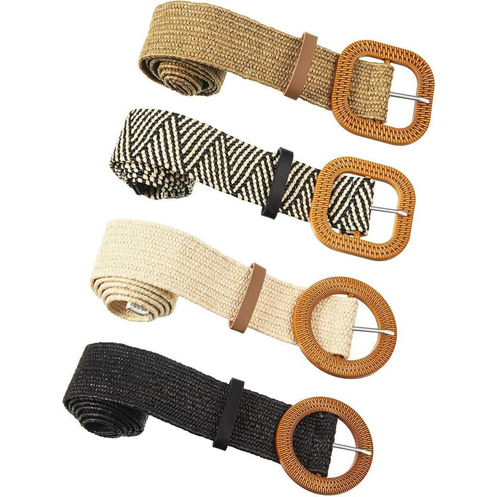 Wanita Waist Belt Straw Woven Elastic Stretch Skinny Dress Belt with Wooden Buckle - Fashionable Waist Dress Band for Women