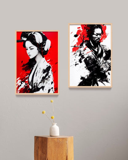 Lukisan Jepang Geisha, Samurai, dan Bunga Sakura - Wall Art Elegan Hitam Merah dengan Frame Natural untuk Dekorasi Rumah dan Kantor