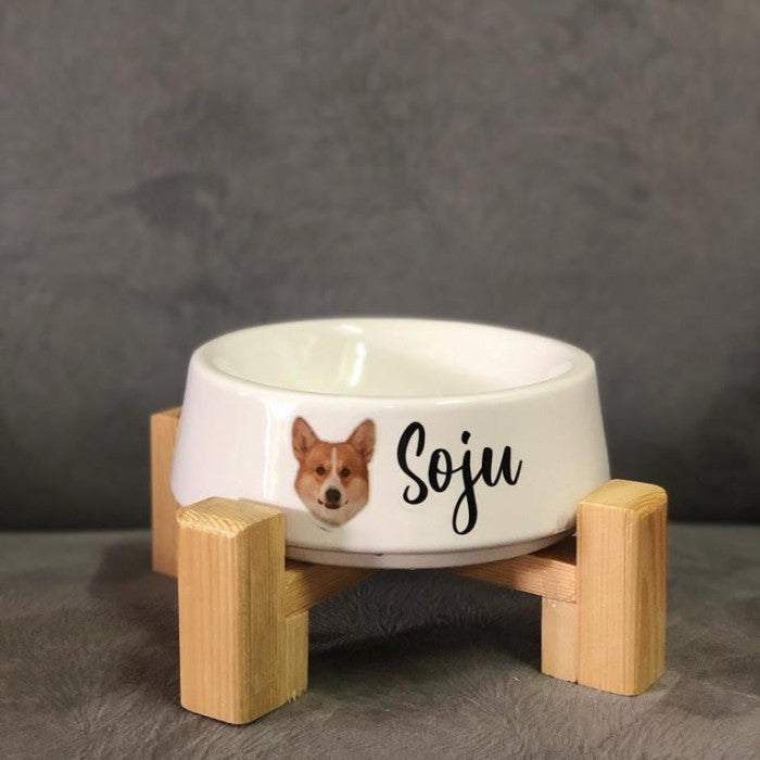 Pet Bowl Mangkok Makan Bahan Keramik untuk Anjing, Kucing, Kelinci, dan Hewan Lainnya - Dilengkapi Tatakan Kayu untuk Makan yang Praktis dan Elegan