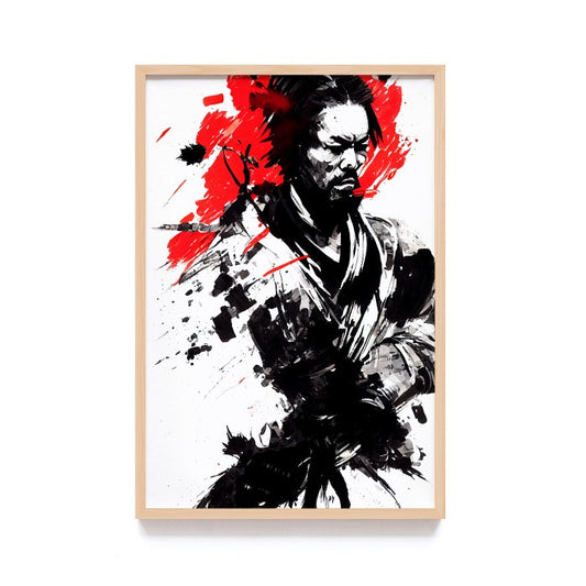 Lukisan Jepang Geisha, Samurai, dan Bunga Sakura - Wall Art Elegan Hitam Merah dengan Frame Natural untuk Dekorasi Rumah dan Kantor