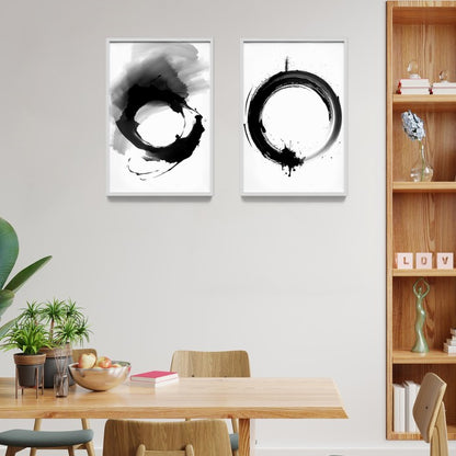 Lukisan Tinta Abstrak Gaya Jepang - Wall Art Print Decoration Cina dengan Frame Natural untuk Dekorasi Rumah dan Cafe