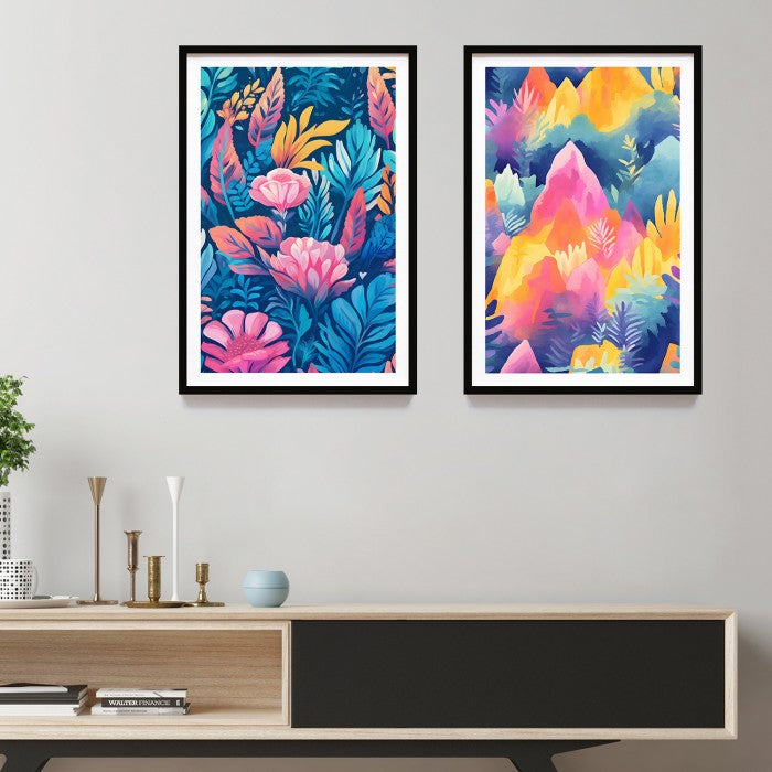 Poster Bingkai Kayu Estetik Lukisan Print Floral Tropical Watercolor, Frame Natural - Hiasan Dinding Aesthetic, Dekorasi Kamar dan Ruang Tamu dengan Sentuhan Tropikal