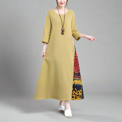 Midi Dress Motif Polos Summer Fashion Retro - Dress Wanita Santai dan Stylish untuk Musim Panas dengan Desain Elegan