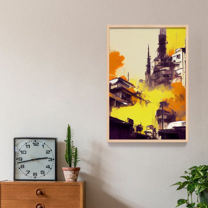 Wall Decor Lukisan Abstrak Gedung Kuning. Dekorasi Dinding Kamar Rumah , Frame Natural