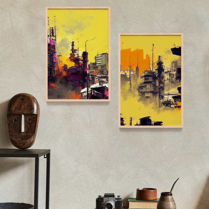 Wall Decor Lukisan Abstrak Gedung Kuning. Dekorasi Dinding Kamar Rumah , Frame Natural