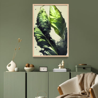 Lukisan Tropical Abstrak Daun Pisang Hijau - Poster Minimalis dengan Frame Kayu Natural untuk Dekorasi Rumah dan Cafe