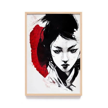 Lukisan Jepang Geisha, Samurai, dan Bunga Sakura - Wall Art Elegan Hitam Merah dengan Frame Natural untuk Dekorasi Rumah dan Kantor