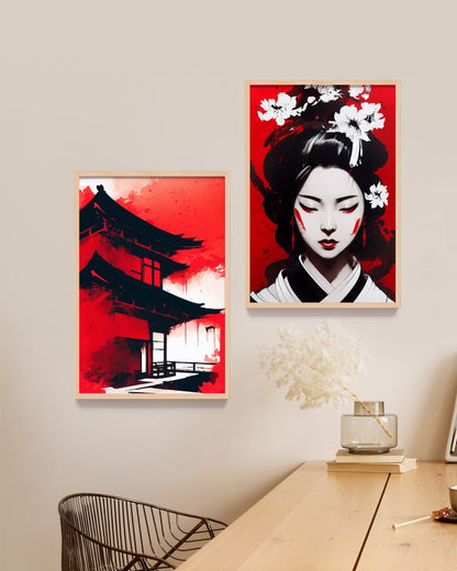 Lukisan Jepang Geisha, Samurai, dan Bunga Sakura - Wall Art Elegan Hitam Merah dengan Frame Natural untuk Dekorasi Rumah dan Kantor