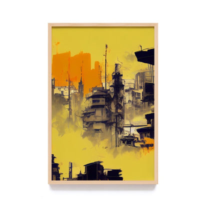 Wall Decor Lukisan Abstrak Gedung Kuning. Dekorasi Dinding Kamar Rumah , Frame Natural