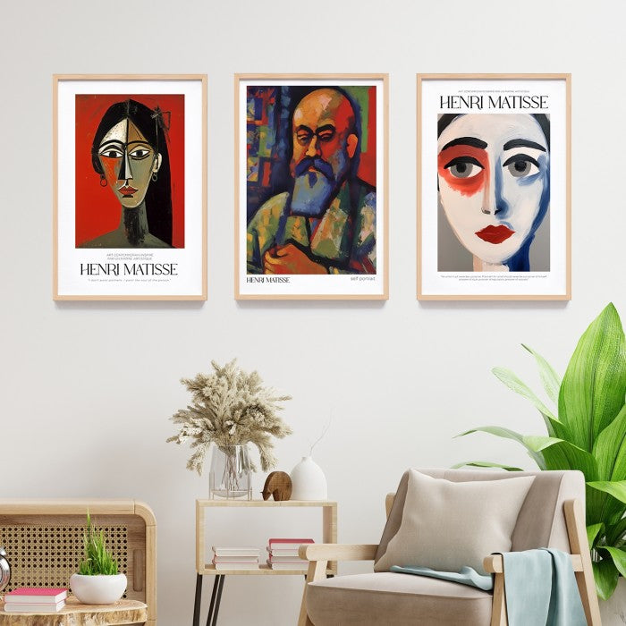 Wall Art Print Terinspirasi Style Lukisan Henri Matisse, Dekorasi Dinding dengan Frame Kayu Natural untuk Sentuhan Estetik Modern dan Minimalis