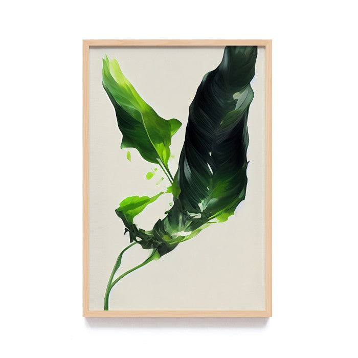 Lukisan Tropical Abstrak Daun Pisang Hijau - Poster Minimalis dengan Frame Kayu Natural untuk Dekorasi Rumah dan Cafe