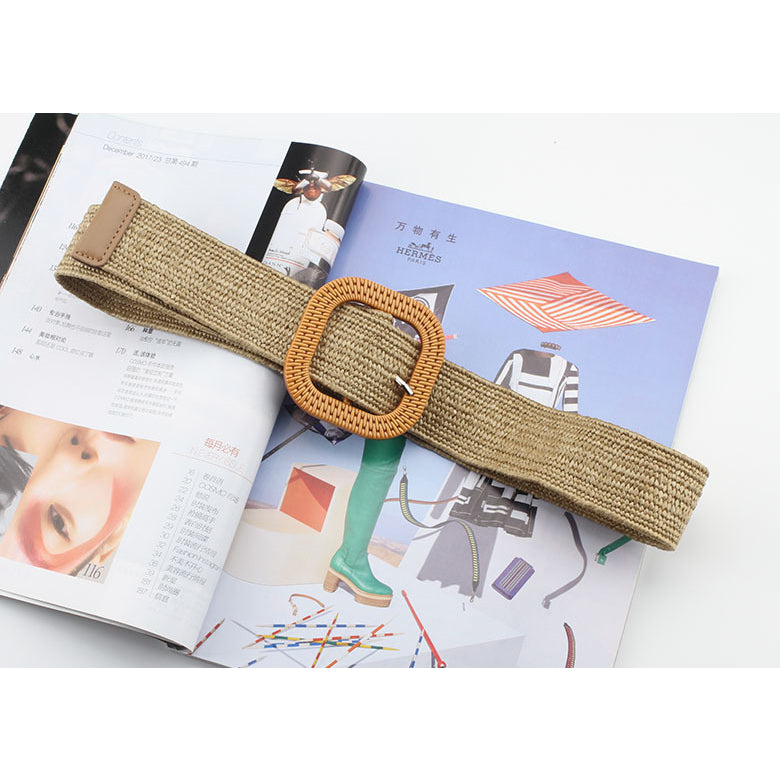 Wanita Waist Belt Straw Woven Elastic Stretch Skinny Dress Belt with Wooden Buckle - Fashionable Waist Dress Band for Women