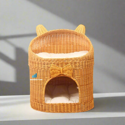 Rumah Kandang Kucing dan Anjing Rotan Tingkat Jumbo dengan Desain Elegan, Gratis Bantal Nyaman untuk Hewan Peliharaan Anda