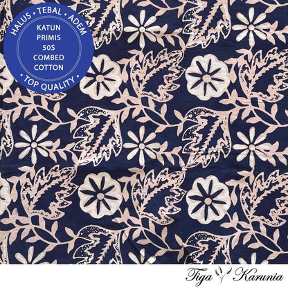 Kain Batik Cap Tulis Kombinasi Premium Solo Bunga Navy Cream Katun Primis - Batik Elegan dengan Motif Bunga Navy