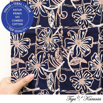 Kain Batik Cap Tulis Kombinasi Solo Motif Bunga Navy Cream Bahan Katun Primis untuk Busana Elegan