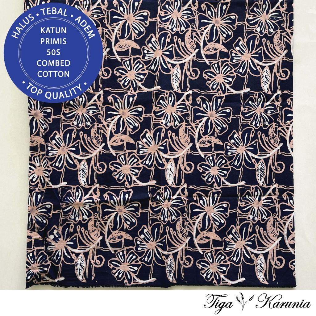 Kain Batik Cap Tulis Kombinasi Solo Motif Bunga Navy Cream Bahan Katun Primis untuk Busana Elegan