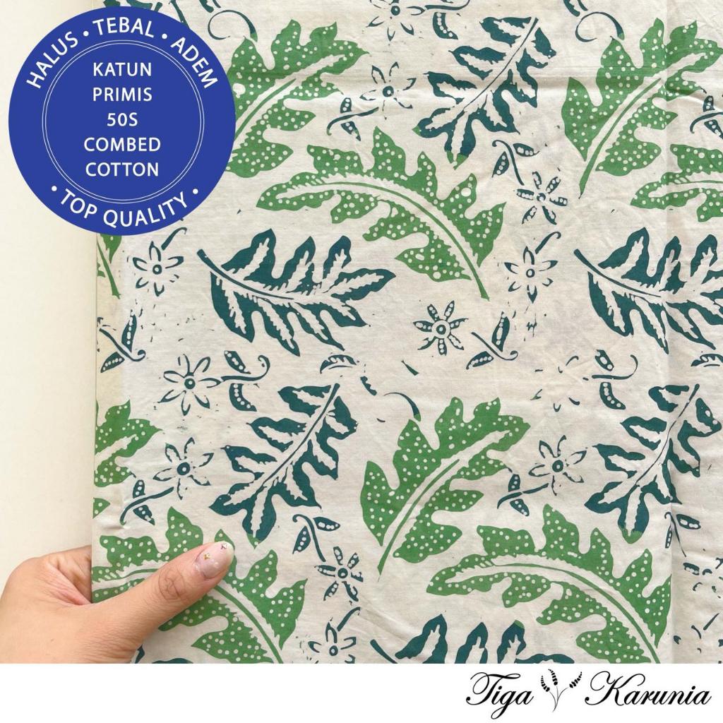 Kain Batik Cap Premium Solo Motif Daun Hijau, Bahan Katun Primis Berkualitas untuk Busana dan Dekorasi