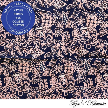 Kain Batik Cap Semi Tulis Taman Bunga Navy Cream Katun Primis - Batik Asli Solo dengan Motif Taman Bunga Elegan