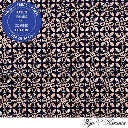 Kain Batik Cap Semi Tulis Solo Kawung Modern Navy Cream Katun Primis - Batik Solo Motif Kawung dengan Warna Navy Cream