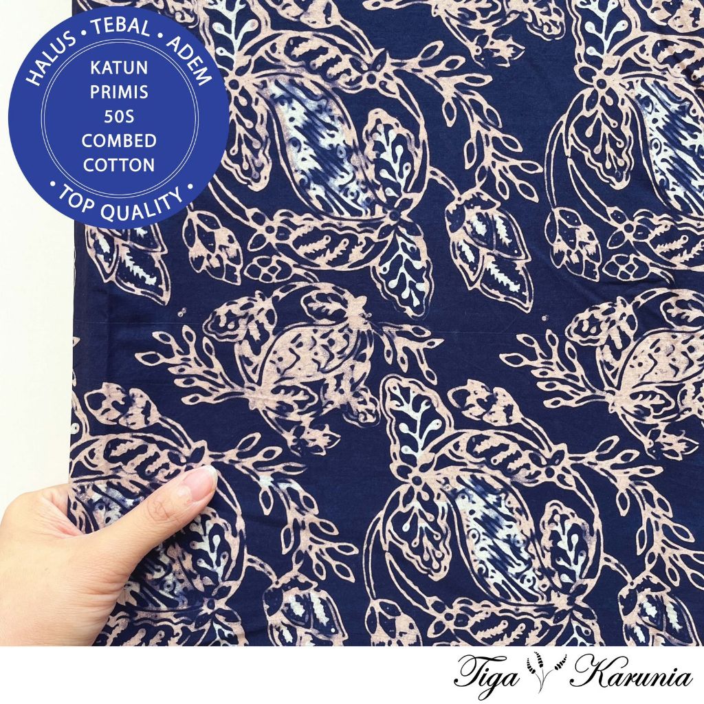 Kain Batik Cap Semi Tulis Kebun Buah Navy Cream Katun Primis - Batik Solo Motif Kebun Buah dengan Warna Navy Cream