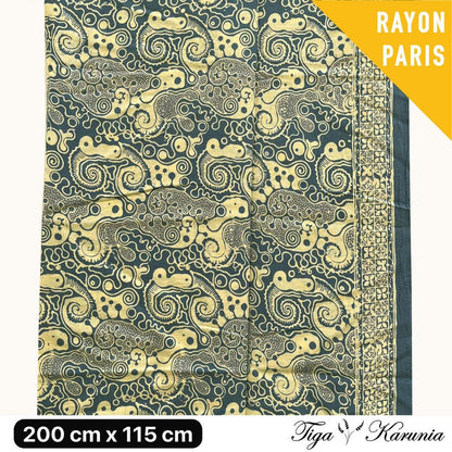 Kain Batik Cap Premium Solo Motif Abstrak Biru Silver dengan Sentuhan Lasem Kuning Bahan Rayon Paris yang Elegan