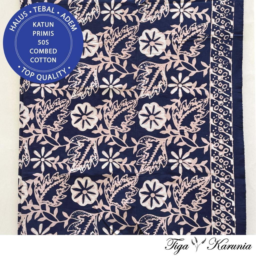 Kain Batik Cap Tulis Kombinasi Premium Solo Bunga Navy Cream Katun Primis - Batik Elegan dengan Motif Bunga Navy