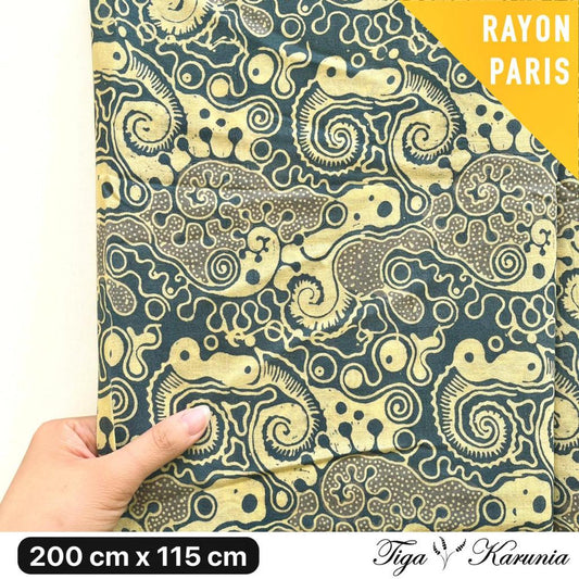 Kain Batik Cap Premium Solo Motif Abstrak Biru Silver dengan Sentuhan Lasem Kuning Bahan Rayon Paris yang Elegan