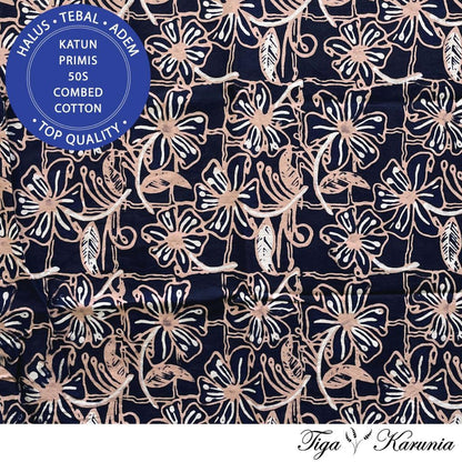 Kain Batik Cap Tulis Kombinasi Solo Motif Bunga Navy Cream Bahan Katun Primis untuk Busana Elegan