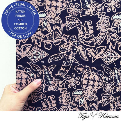 Kain Batik Cap Semi Tulis Taman Bunga Navy Cream Katun Primis - Batik Asli Solo dengan Motif Taman Bunga Elegan