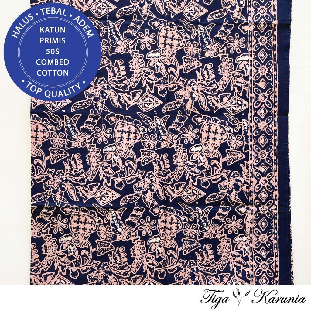 Kain Batik Cap Semi Tulis Taman Bunga Navy Cream Katun Primis - Batik Asli Solo dengan Motif Taman Bunga Elegan