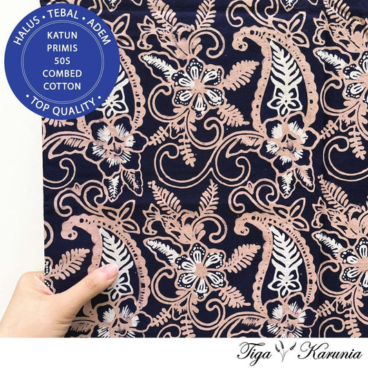 Kain Batik Cap Tulis Kombinasi Premium Solo Bunga Daun Navy Cream Katun Primis - Batik Eksklusif dengan Kombinasi Bunga & Daun