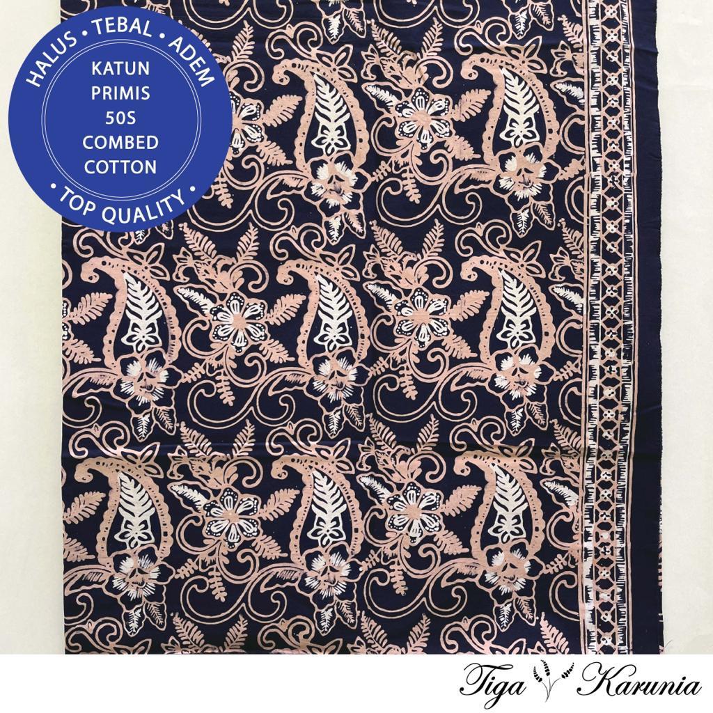 Kain Batik Cap Tulis Kombinasi Premium Solo Bunga Daun Navy Cream Katun Primis - Batik Eksklusif dengan Kombinasi Bunga & Daun