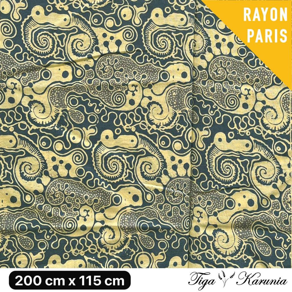 Kain Batik Cap Premium Solo Motif Abstrak Biru Silver dengan Sentuhan Lasem Kuning Bahan Rayon Paris yang Elegan