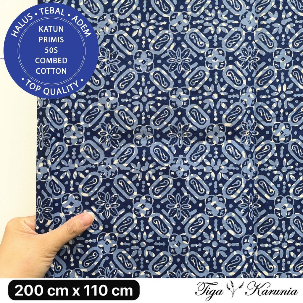 Kain Batik Cap Premium Solo Kawung Tegel Biru Double Process Bahan Katun Primis Kualitas Tinggi