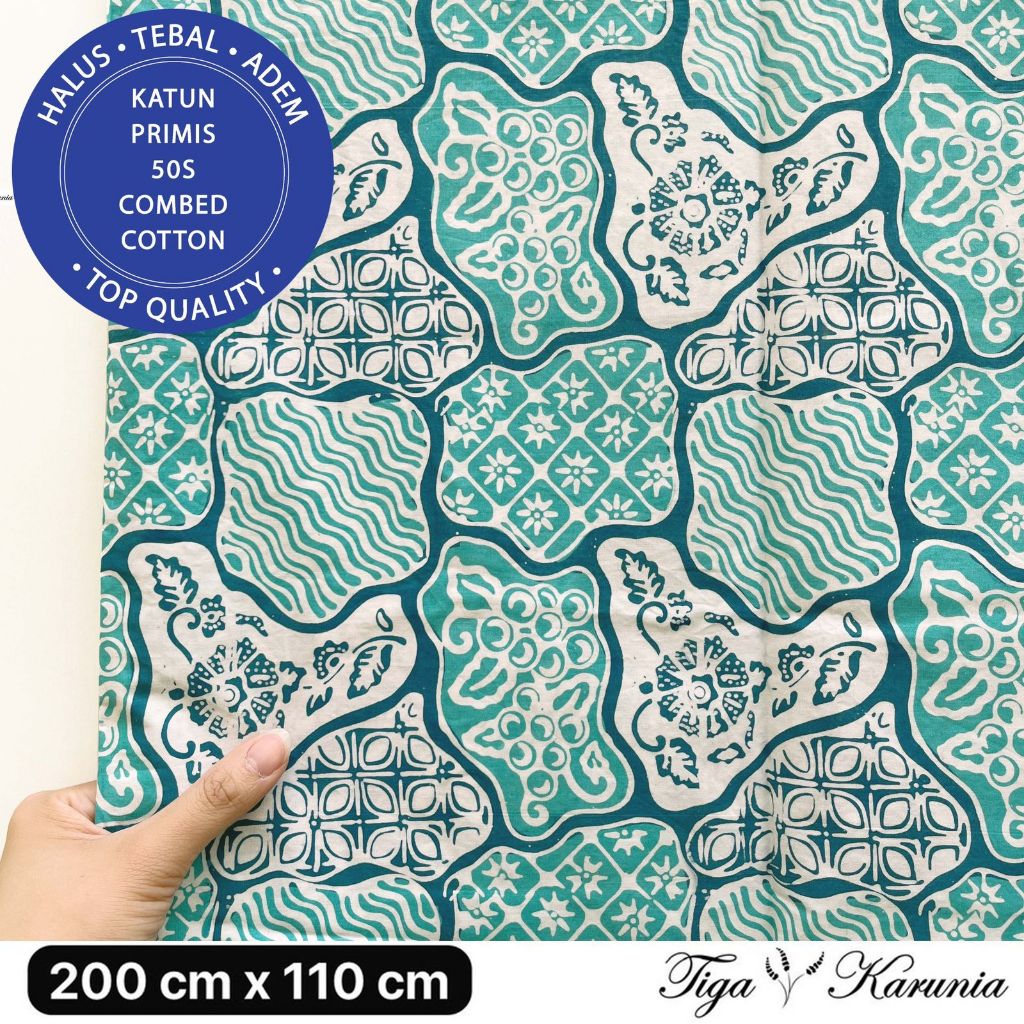 Kain Batik Cap Premium Solo dengan motif Sekar Jagad berwarna hijau tosca dan teal, menggunakan bahan katun primis yang berkualitas.