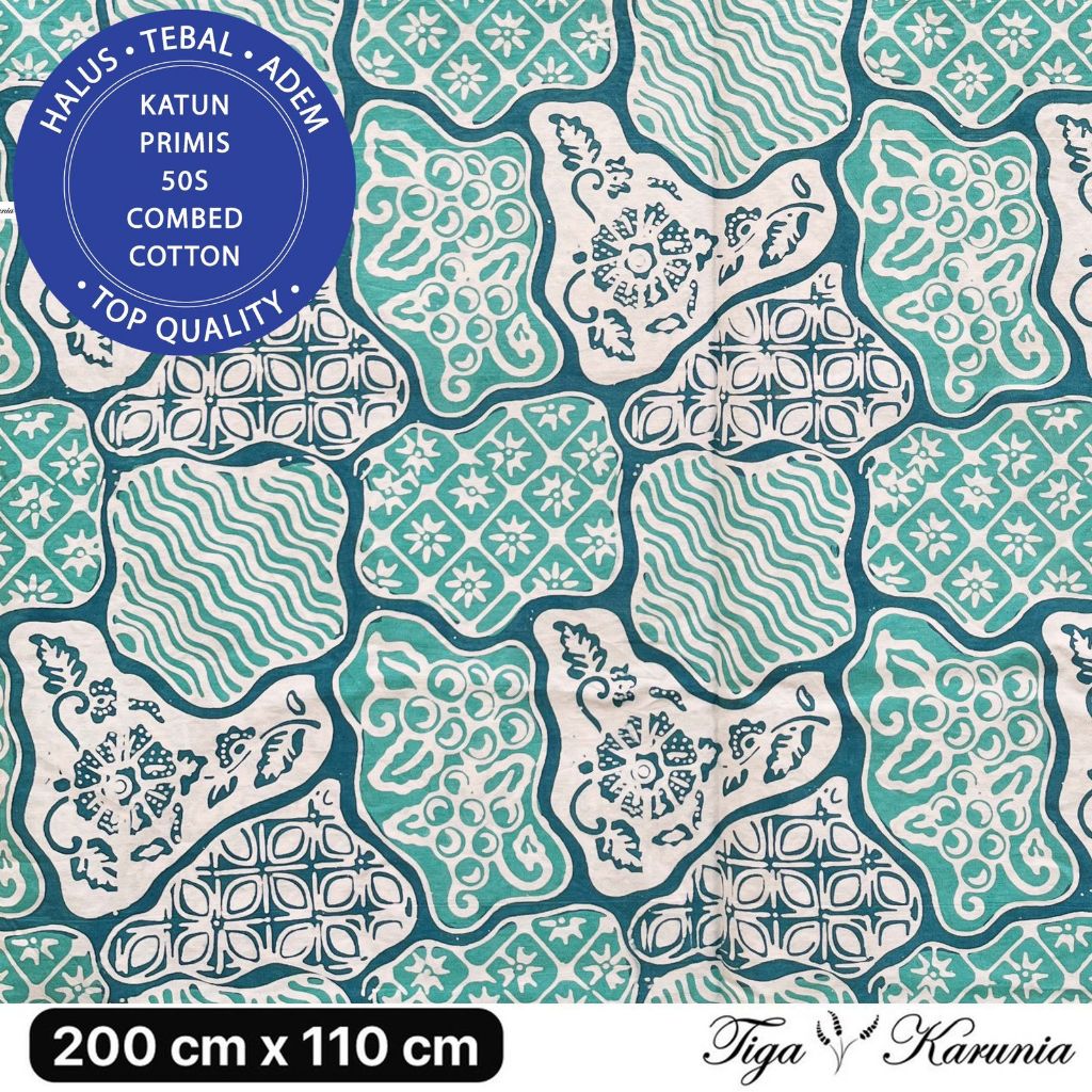 Kain Batik Cap Premium Solo dengan motif Sekar Jagad berwarna hijau tosca dan teal, menggunakan bahan katun primis yang berkualitas.