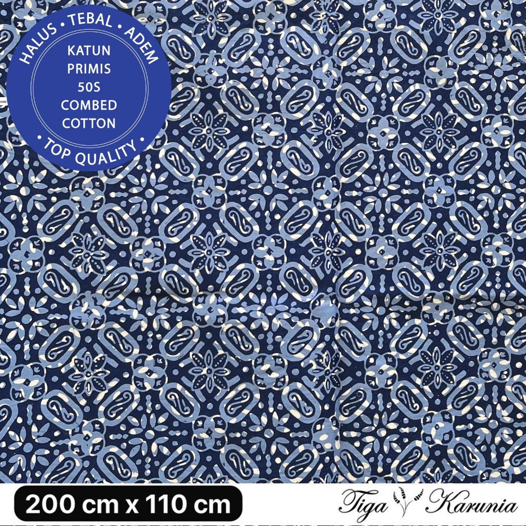 Kain Batik Cap Premium Solo Kawung Tegel Biru Double Process Bahan Katun Primis Kualitas Tinggi