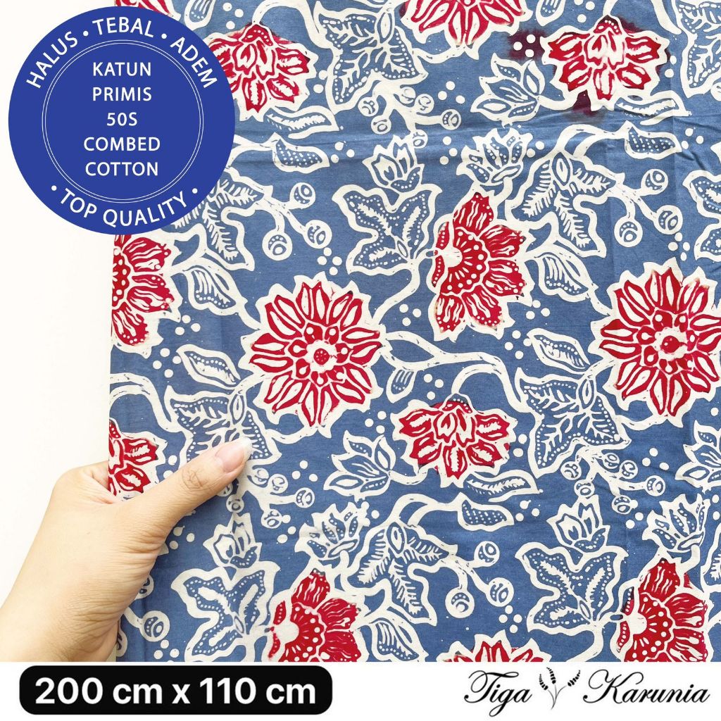 Kain Batik Cap Premium Solo 100% Handmade Motif Bunga Flower Biru Merah Bahan Katun Primis Berkualitas