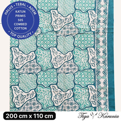 Kain Batik Cap Premium Solo dengan motif Sekar Jagad berwarna hijau tosca dan teal, menggunakan bahan katun primis yang berkualitas.