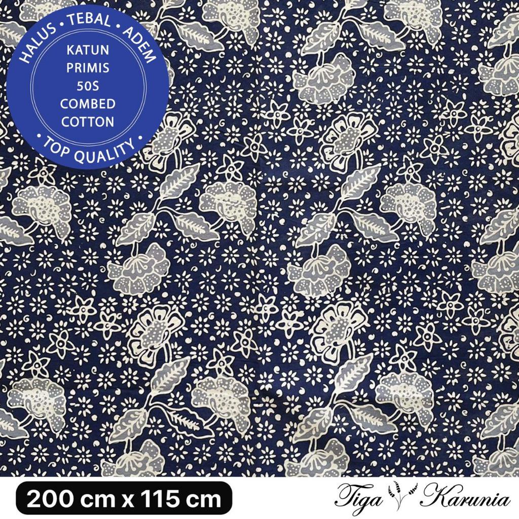 Kain Batik Cap Premium Solo Truntum Bunga Navy Grey Katun Primis - Batik Solo Motif Truntum dengan Warna Navy dan Grey