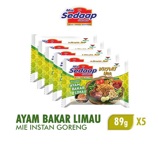 Mie Sedaap Mi Instan Ayam Bakar Limau 5 x 89 gr, Mi Instan dengan Rasa Ayam Bakar yang Lezat, Dipadu dengan Kesegaran Limau yang Nikmat