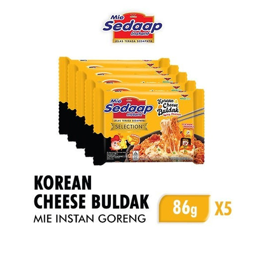 Sedaap Mie Instan Goreng Korean Cheese Buldak Bag 86 gr x5, Mi Instan dengan Rasa Keju Pedas ala Korea yang Lezat dan Menggugah Selera